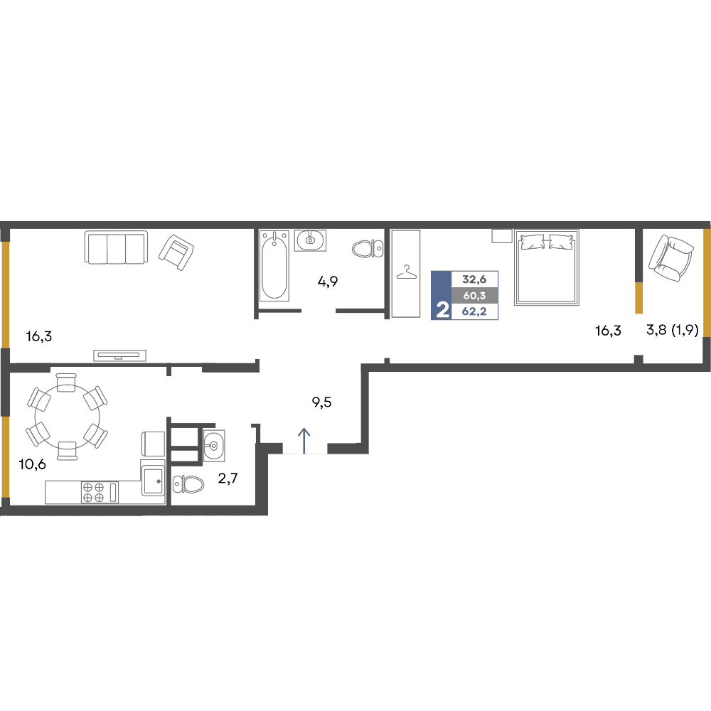 2-к, 62.2 м² · Предгорье