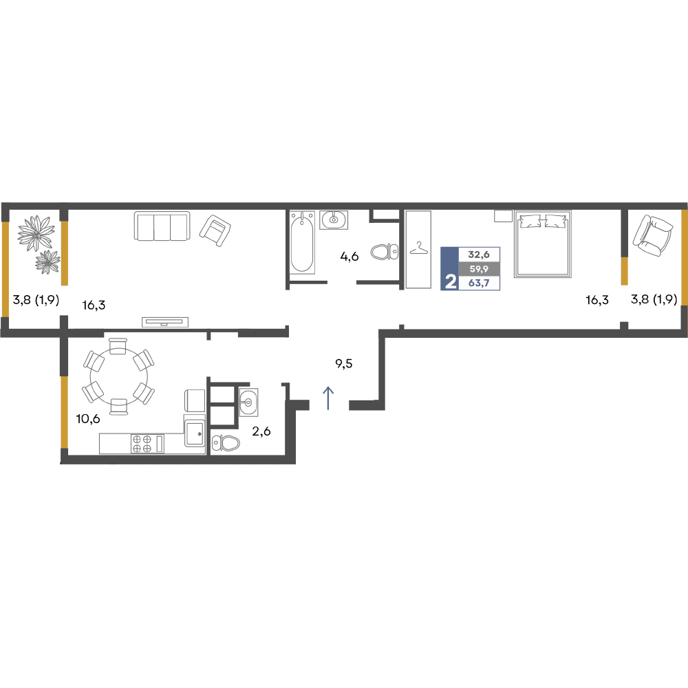 2-к, 63.7 м² · Предгорье