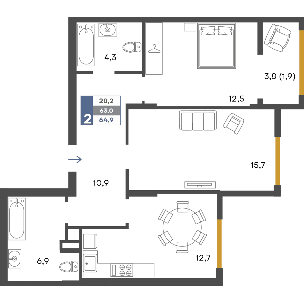 2-к, 64.9 м² · Предгорье