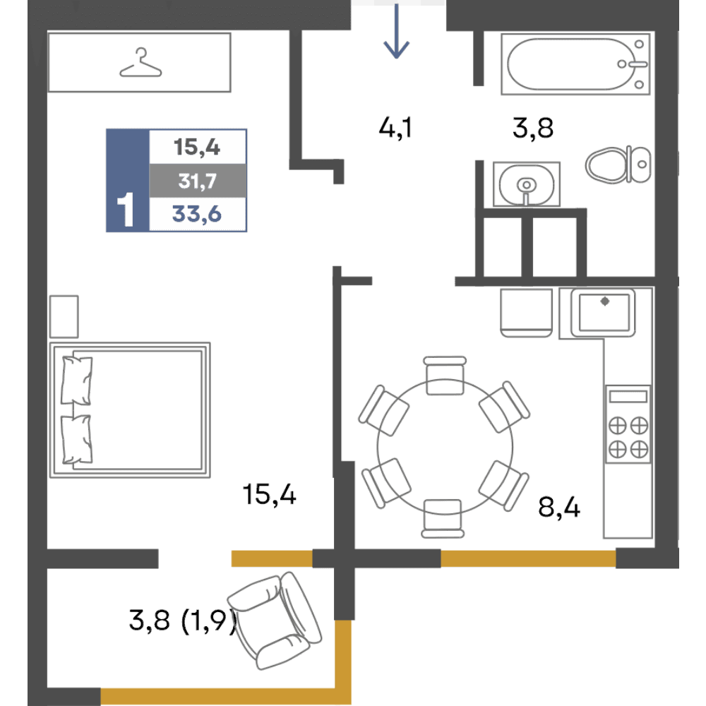 1-к, 33.6 м² · Предгорье