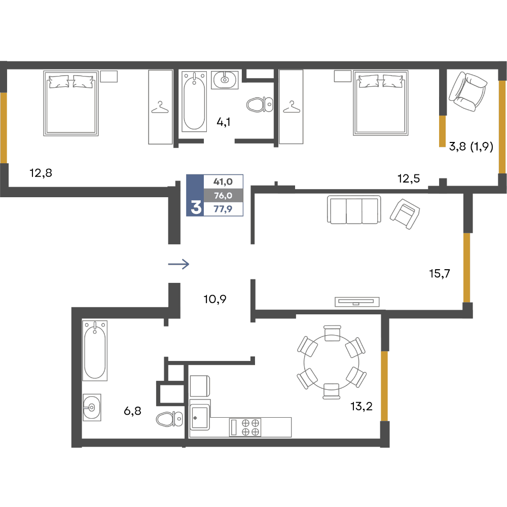 3-к, 77.9 м² · Предгорье