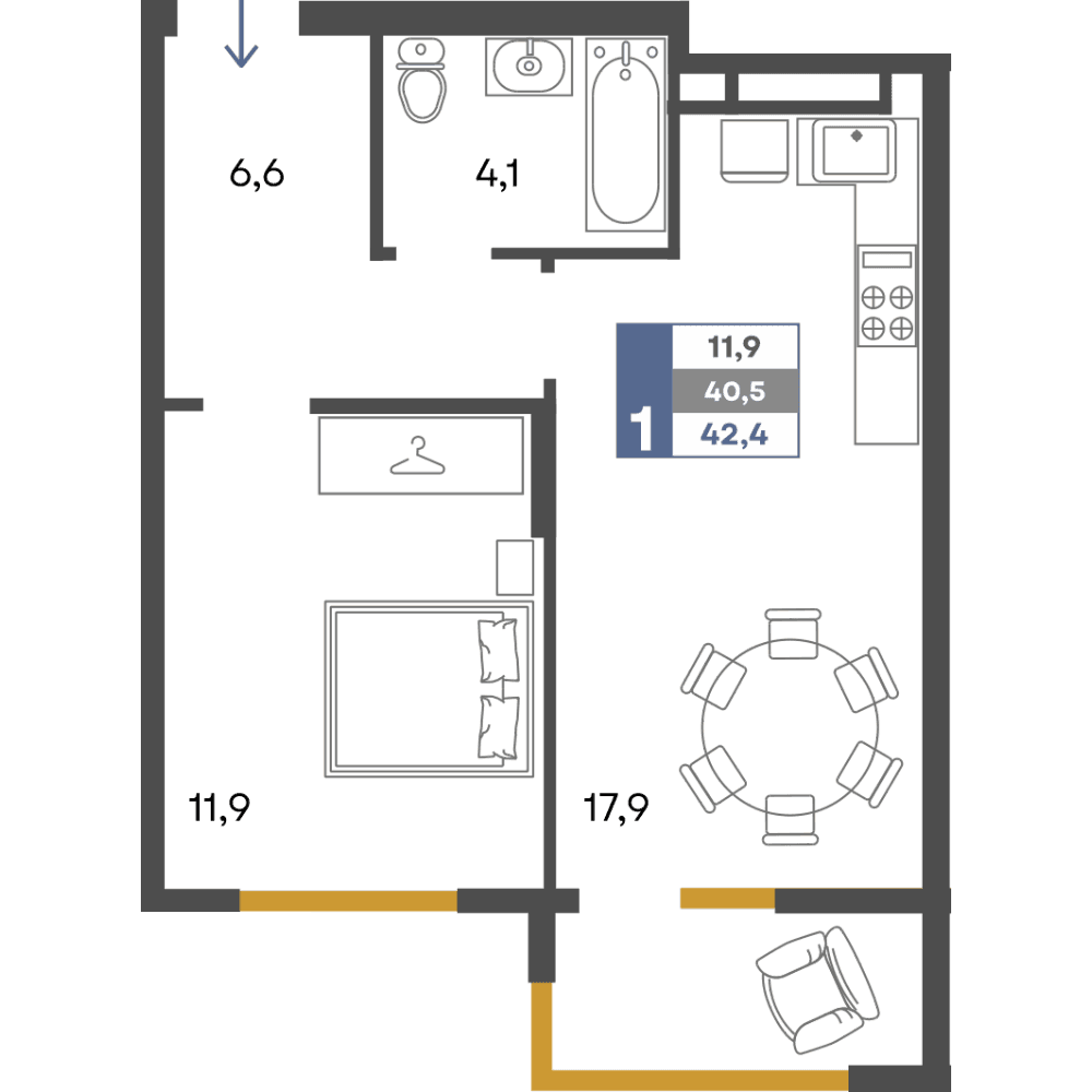 1-к, 42.4 м² · Предгорье