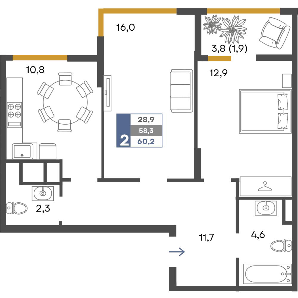 2-к, 60.2 м² · Предгорье