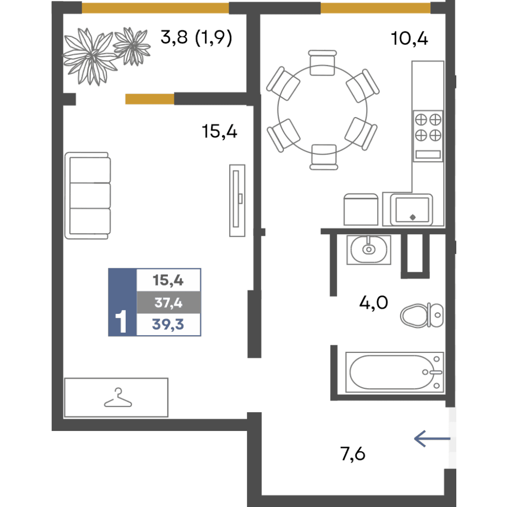 1-к, 39.3 м² · Предгорье