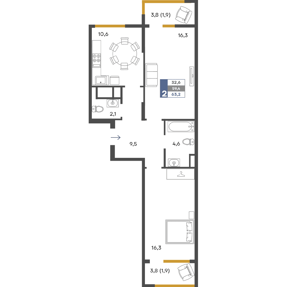 2-к, 63.2 м² · Предгорье