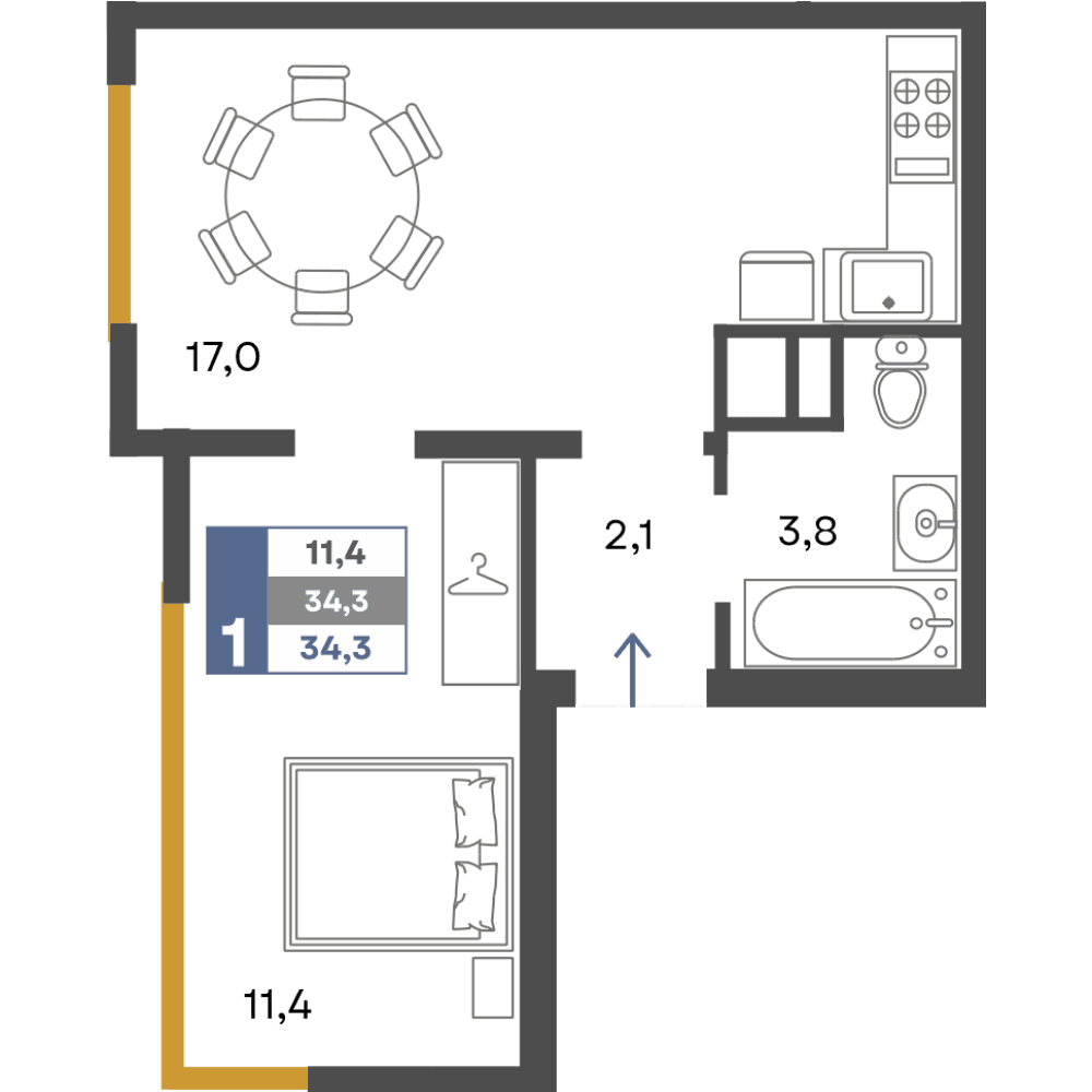 1-к, 34.3 м² · Предгорье