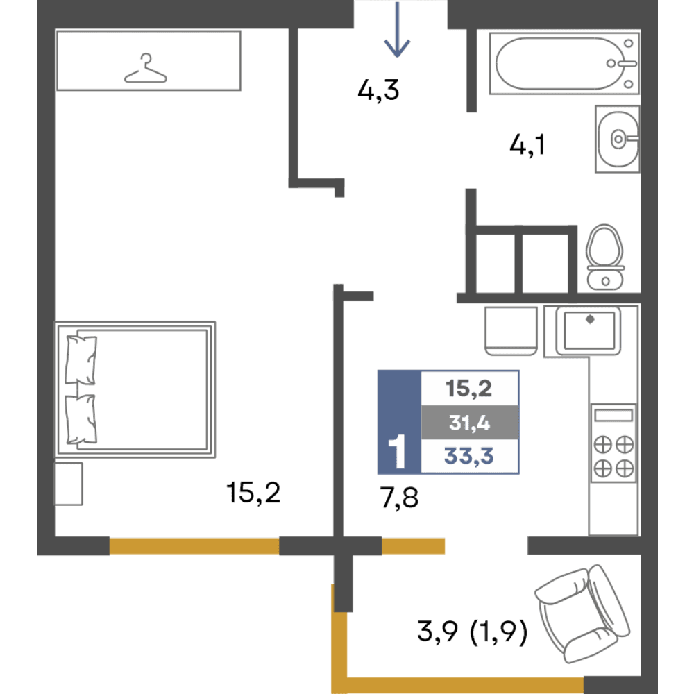 1-к, 33.3 м² · Предгорье