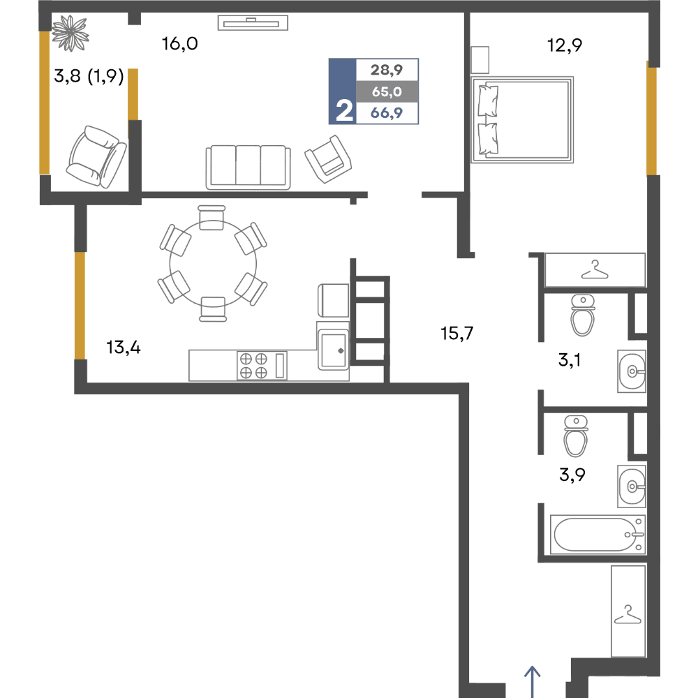 2-к, 66.9 м² · Предгорье