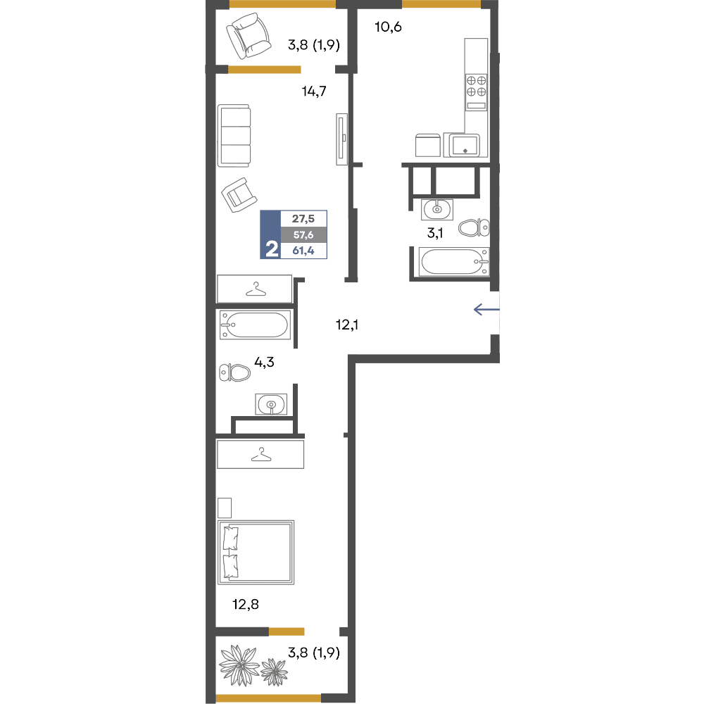 2-к, 61.4 м² · Предгорье