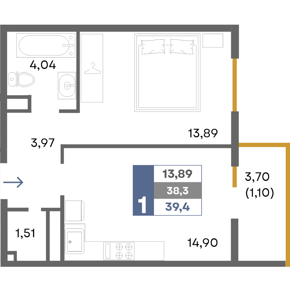 1-к, 39.4 м² · Прогресс