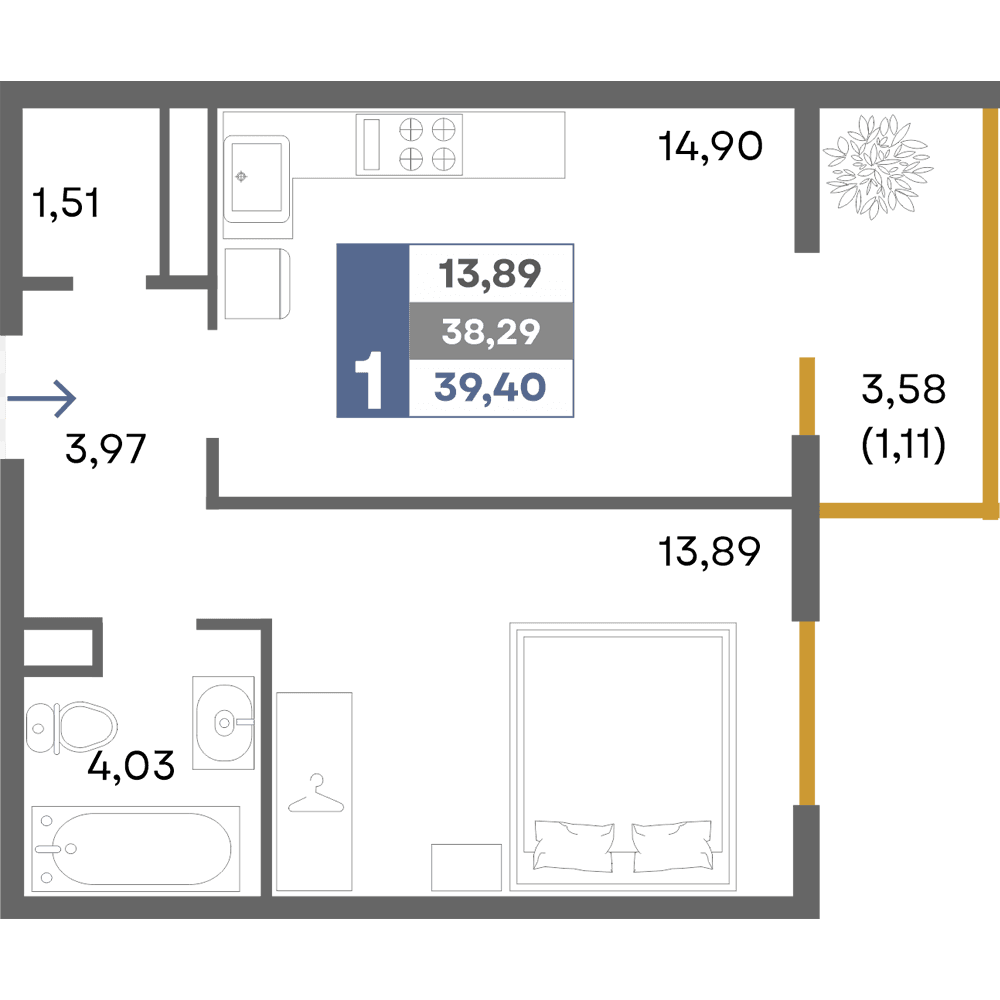 1-к, 39.4 м² · Прогресс