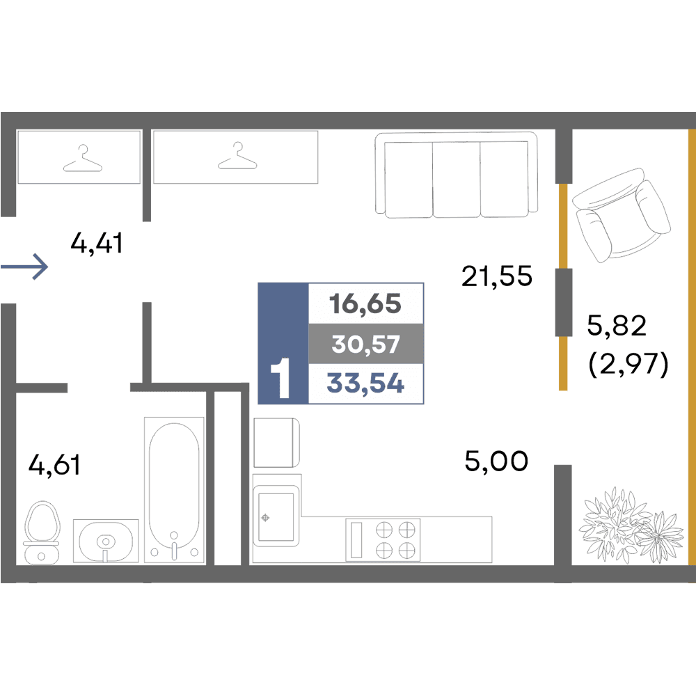 Студия, 33.54 м² · Прогресс