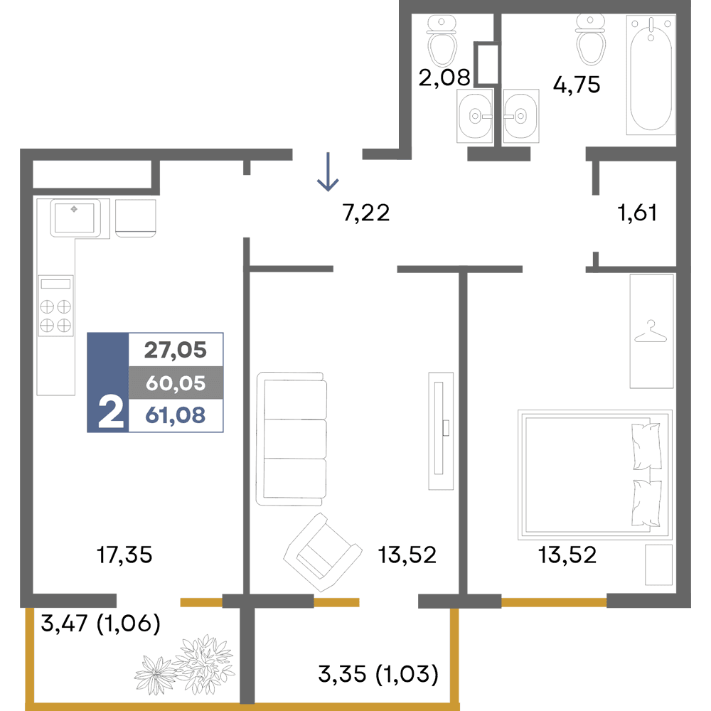 2-к, 61.08 м² · Прогресс