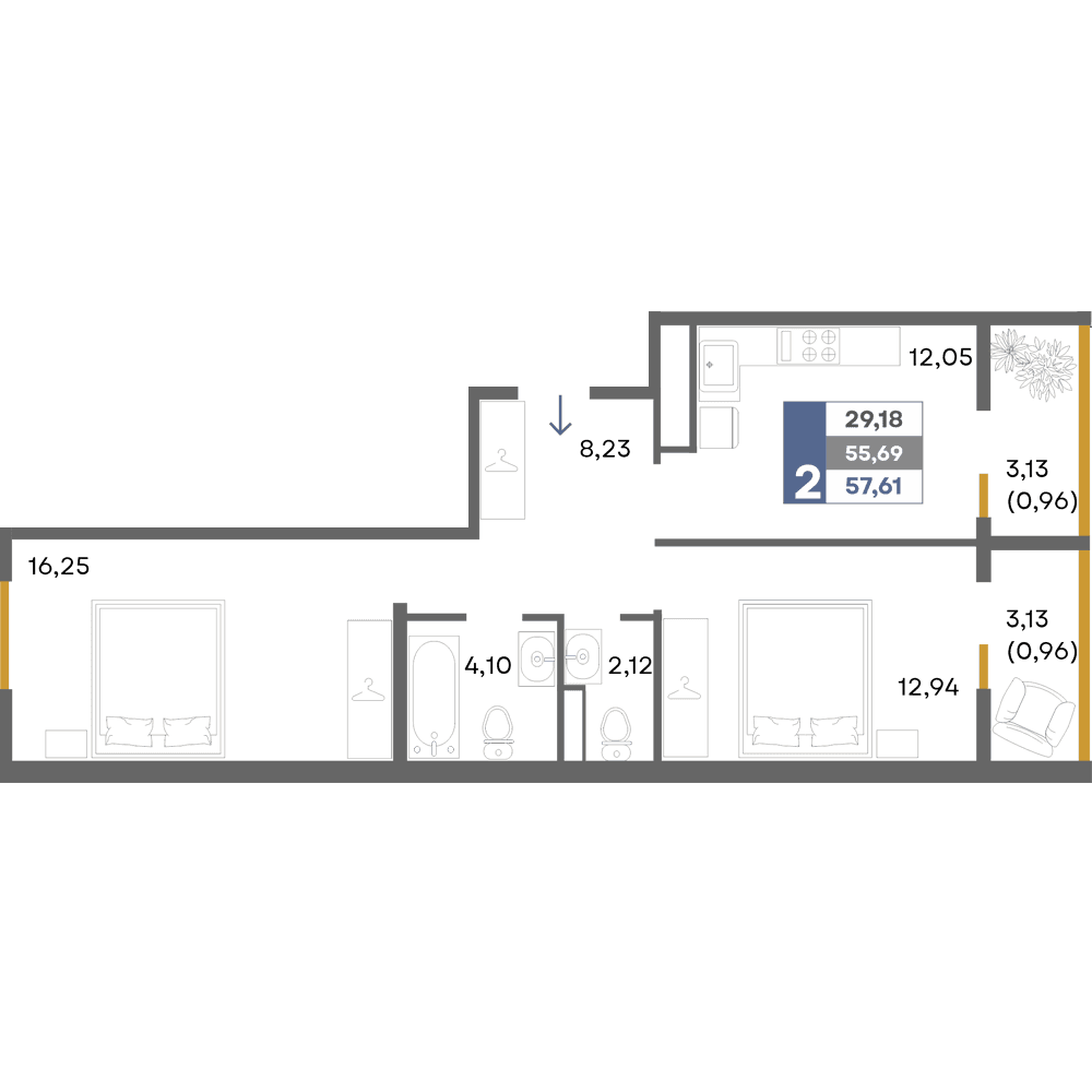 2-к, 57.61 м² · Прогресс