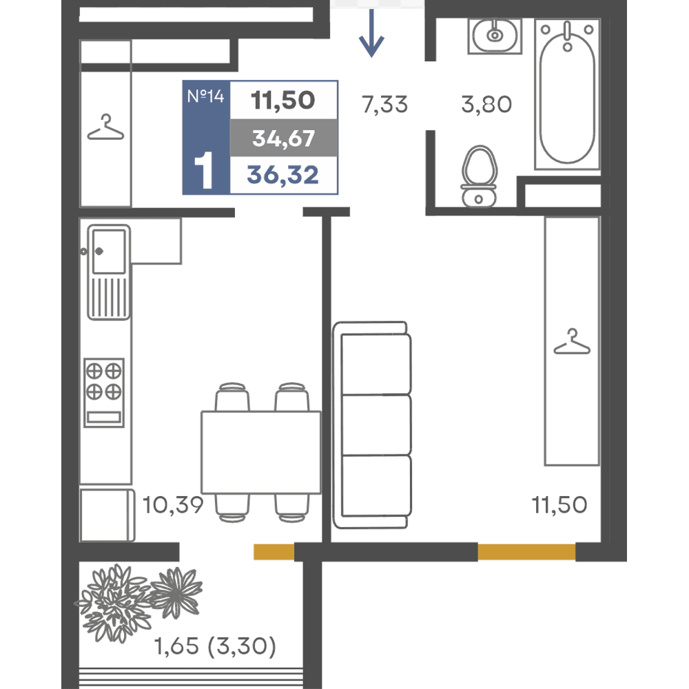 1-к, 34.67 м² · Сфера