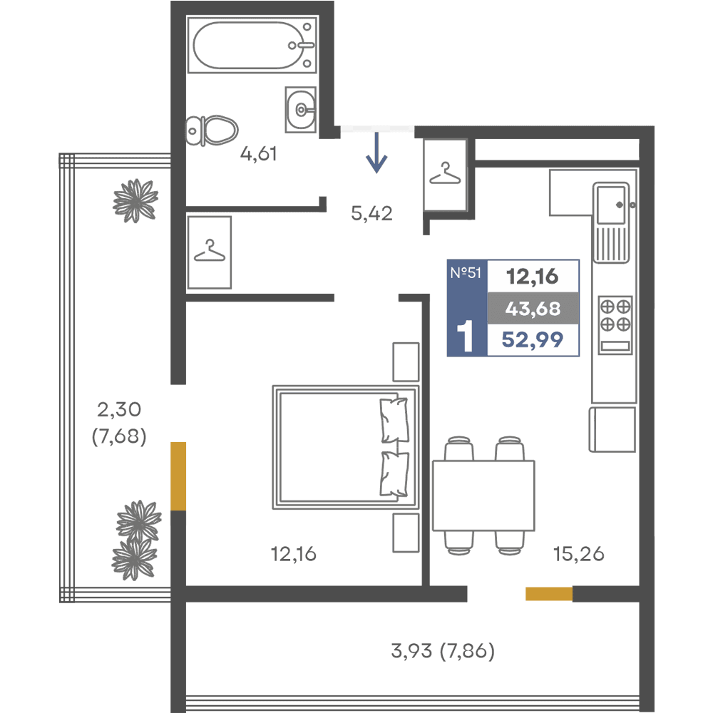 1-к, 43.68 м² · Сфера