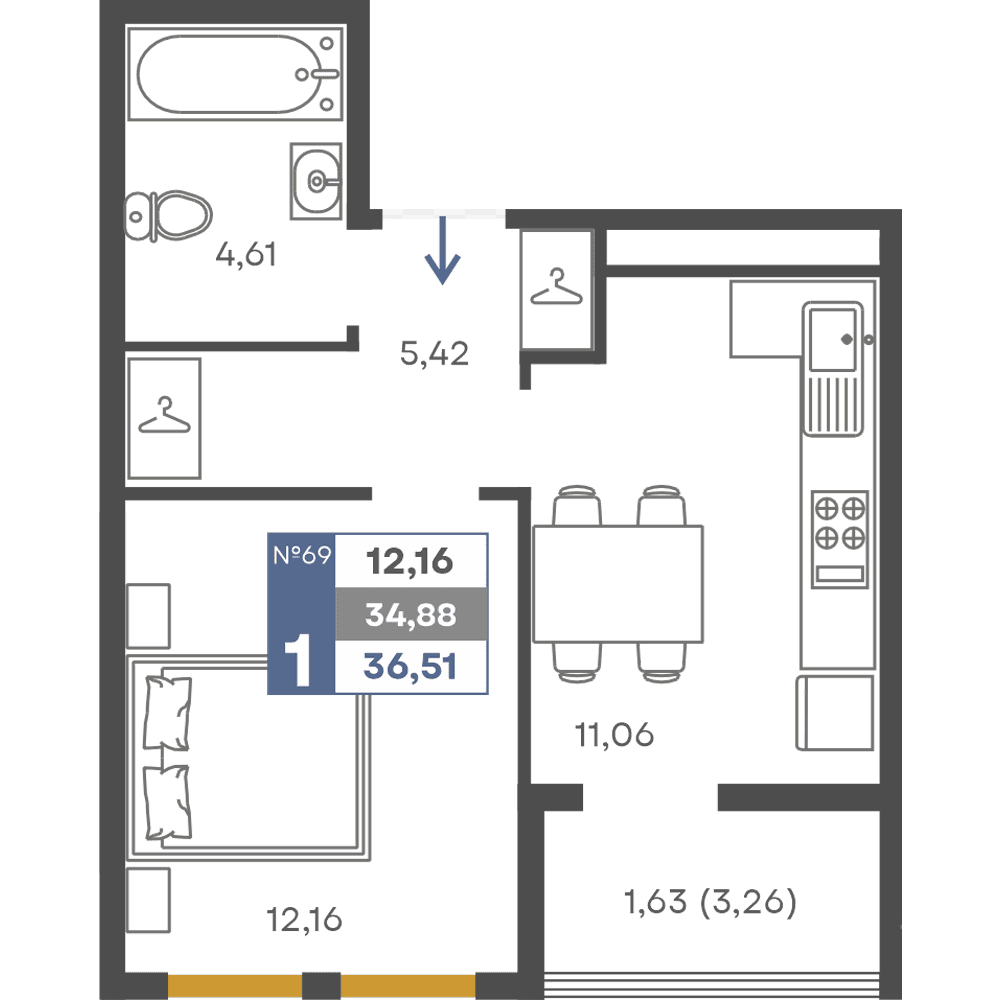 1-к, 34.88 м² · Сфера