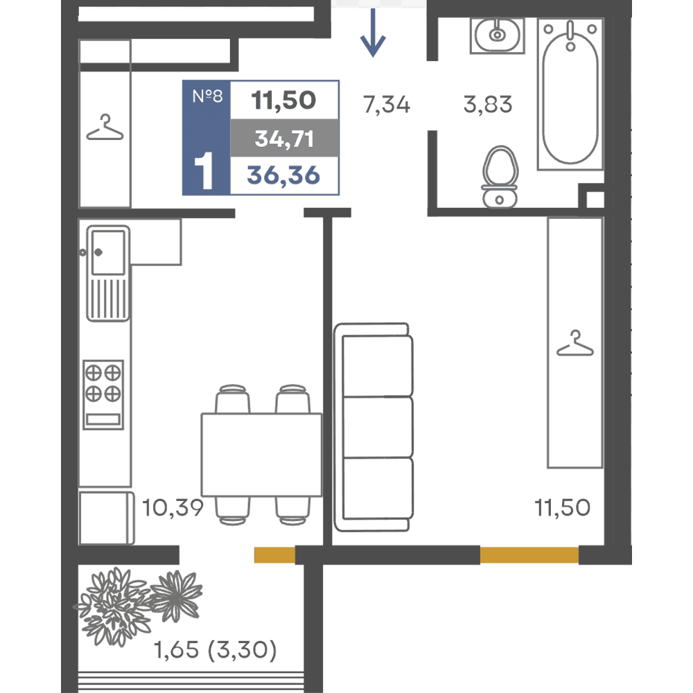 1-к, 34.71 м² · Сфера