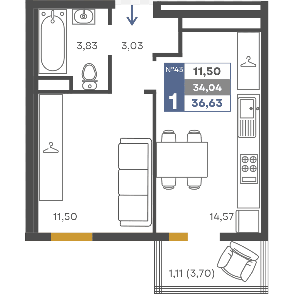 1-к, 34.04 м² · Сфера