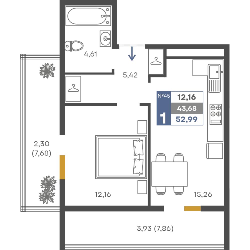 1-к, 43.68 м² · Сфера