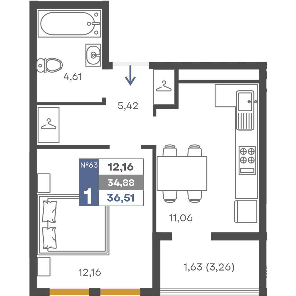 1-к, 34.88 м² · Сфера