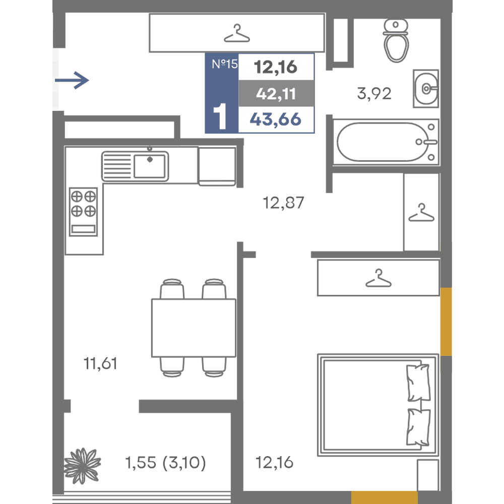 1-к, 42.11 м² · Сфера