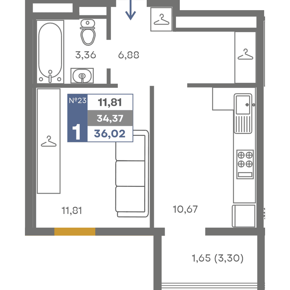 1-к, 34.37 м² · Сфера