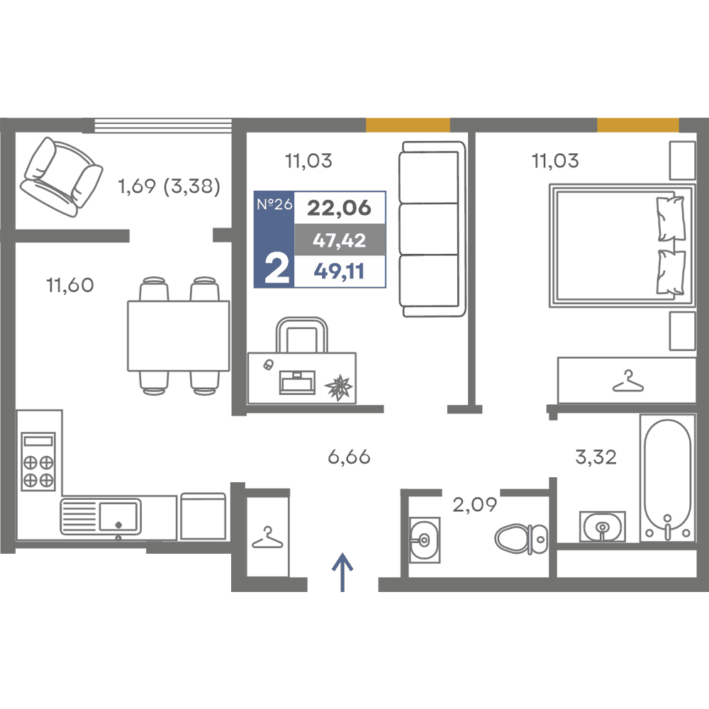 2-к, 47.42 м² · Сфера