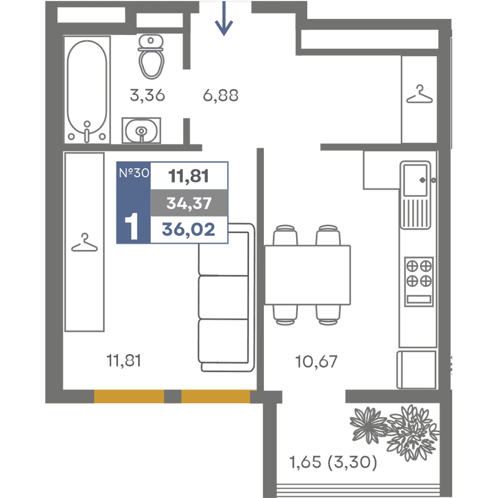 1-к, 34.37 м² · Сфера