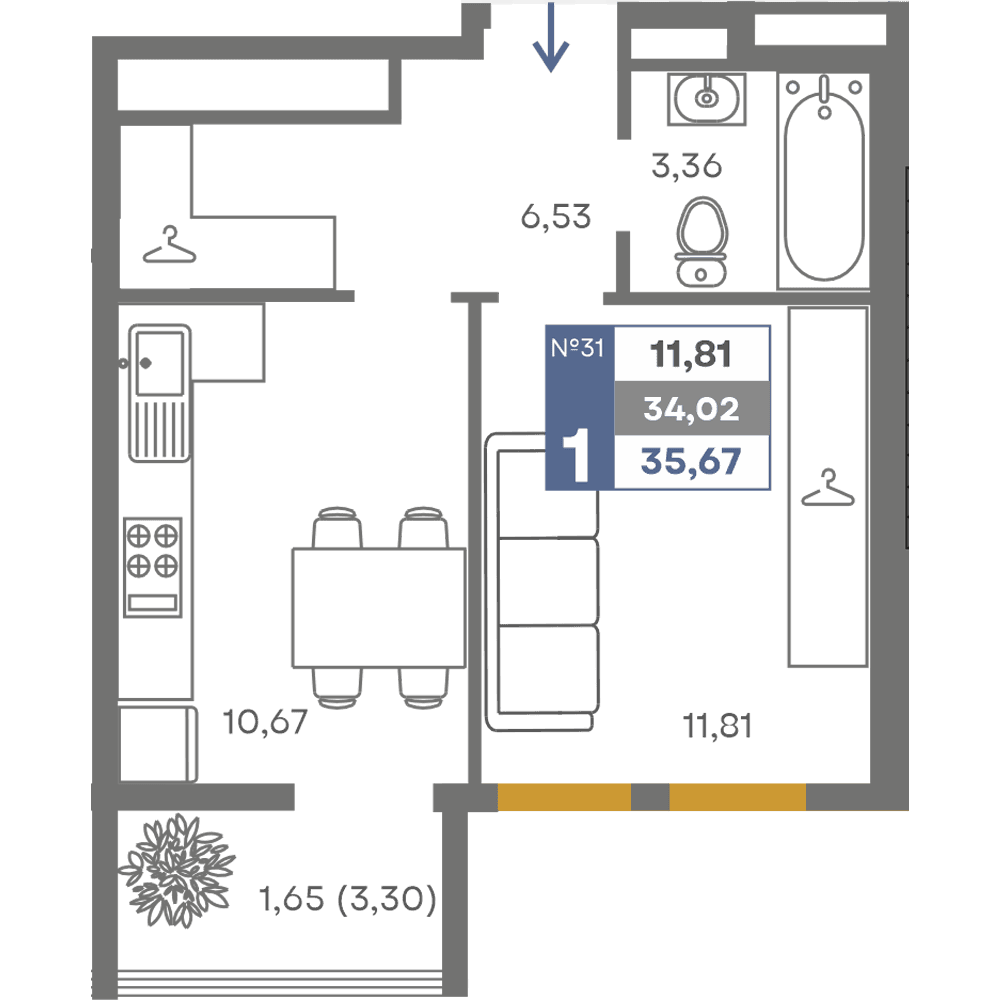 1-к, 34.02 м² · Сфера