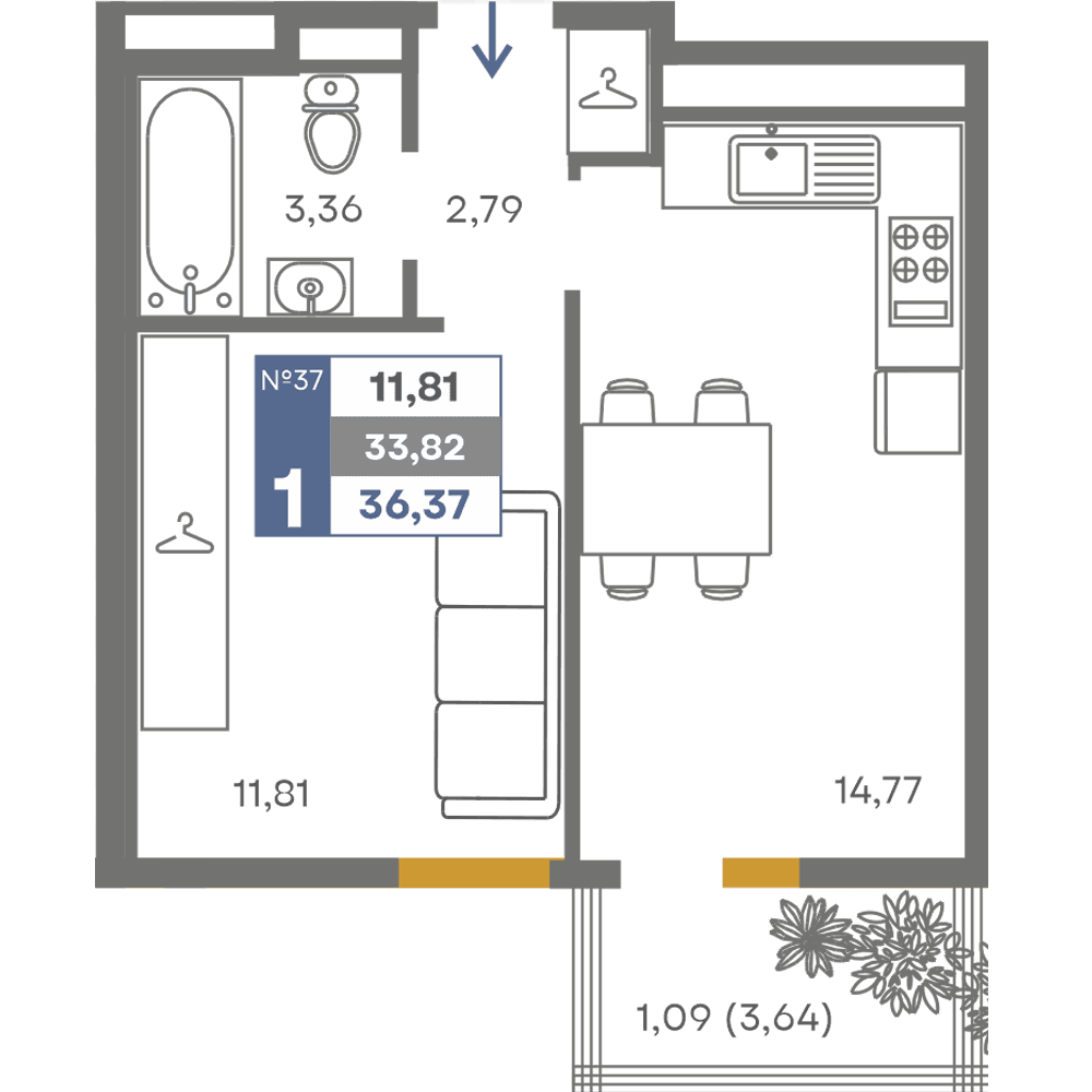 1-к, 33.82 м² · Сфера