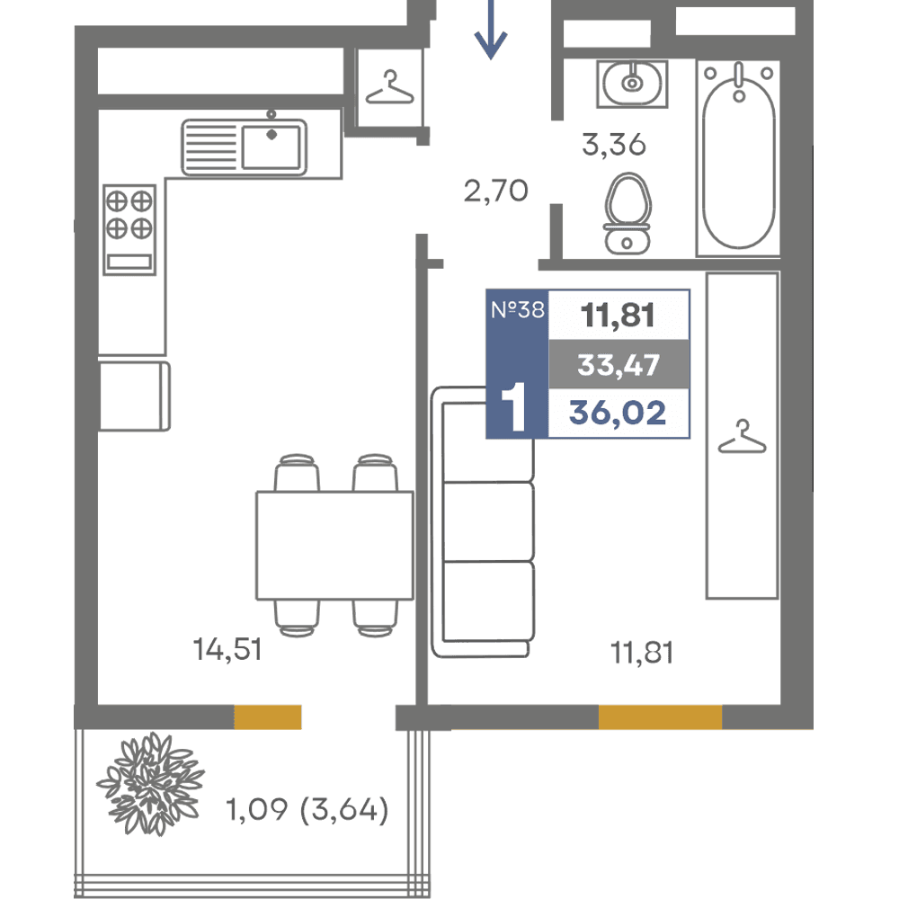 1-к, 33.47 м² · Сфера