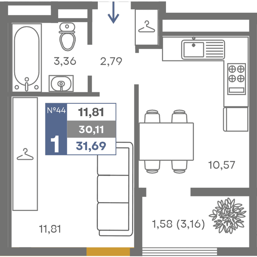 1-к, 30.11 м² · Сфера