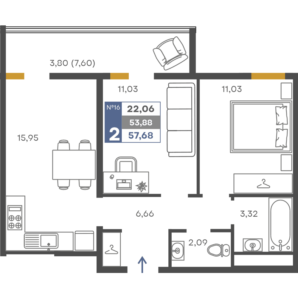 2-к, 53.88 м² · Сфера