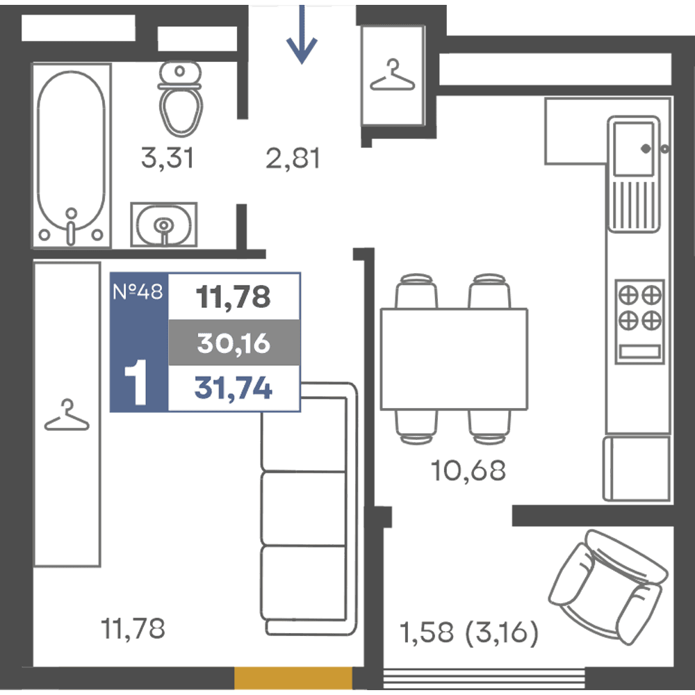 1-к, 30.16 м² · Сфера