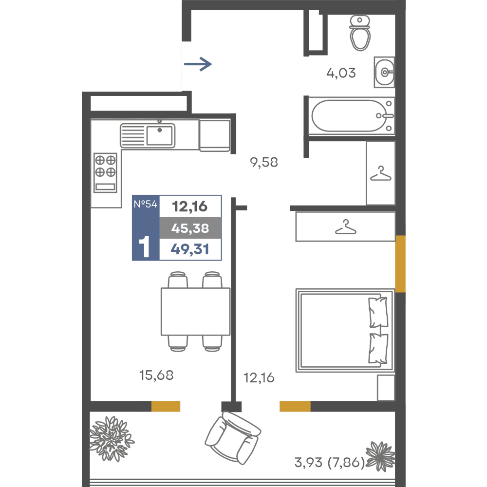 1-к, 45.38 м² · Сфера