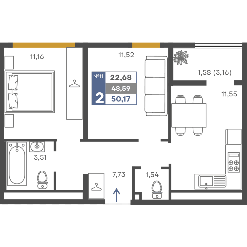 2-к, 48.59 м² · Сфера