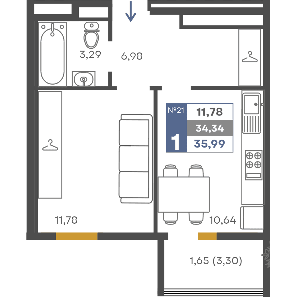 1-к, 34.34 м² · Сфера