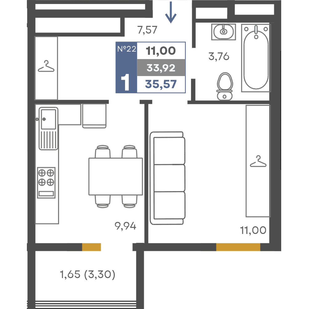 1-к, 33.92 м² · Сфера