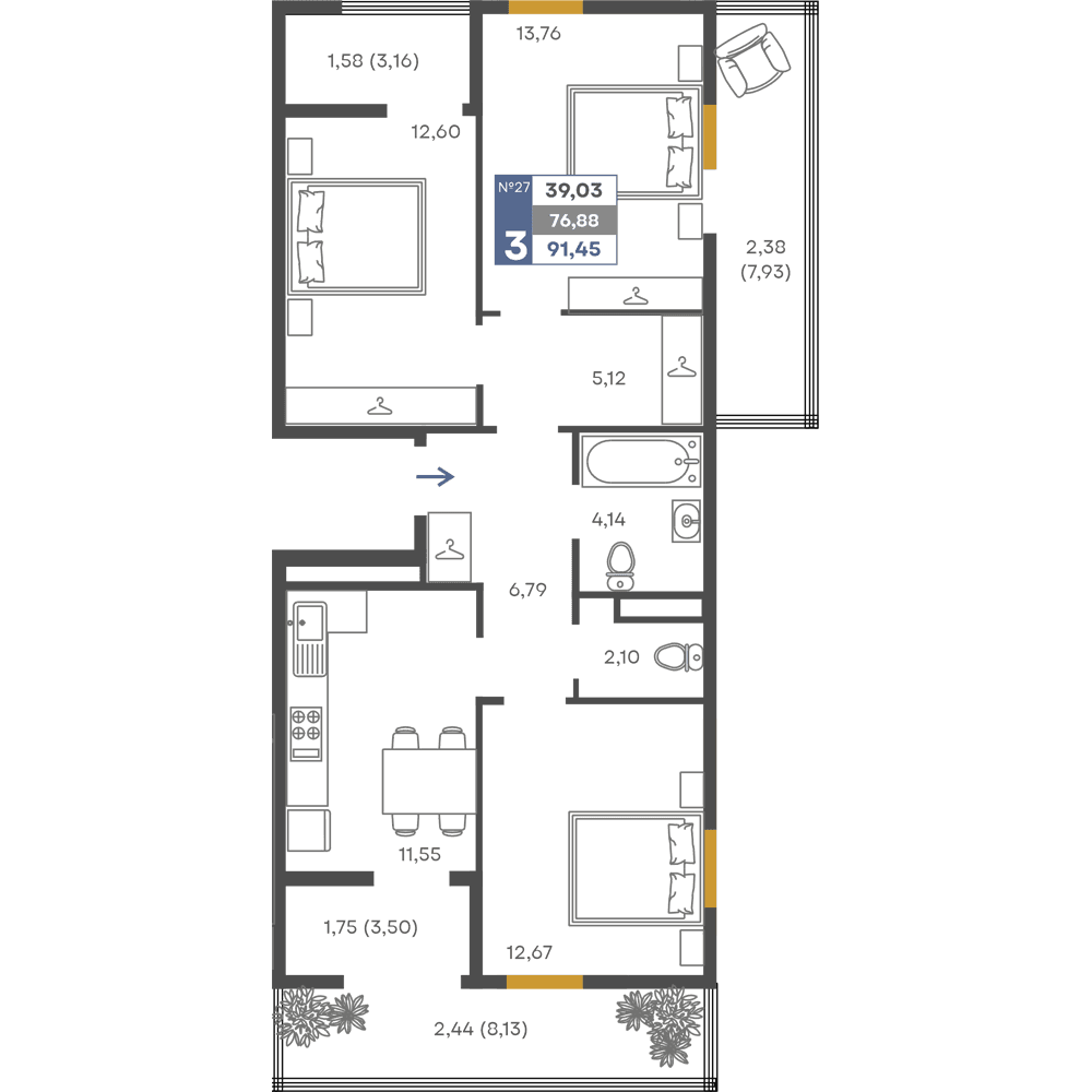 3-к, 76.88 м² · Сфера