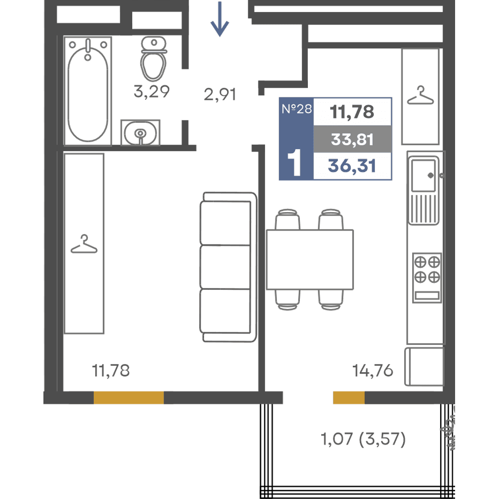 1-к, 33.81 м² · Сфера
