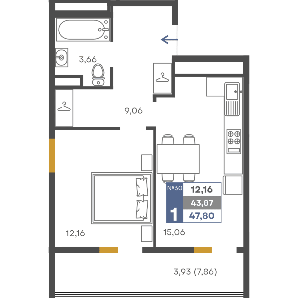 1-к, 43.87 м² · Сфера
