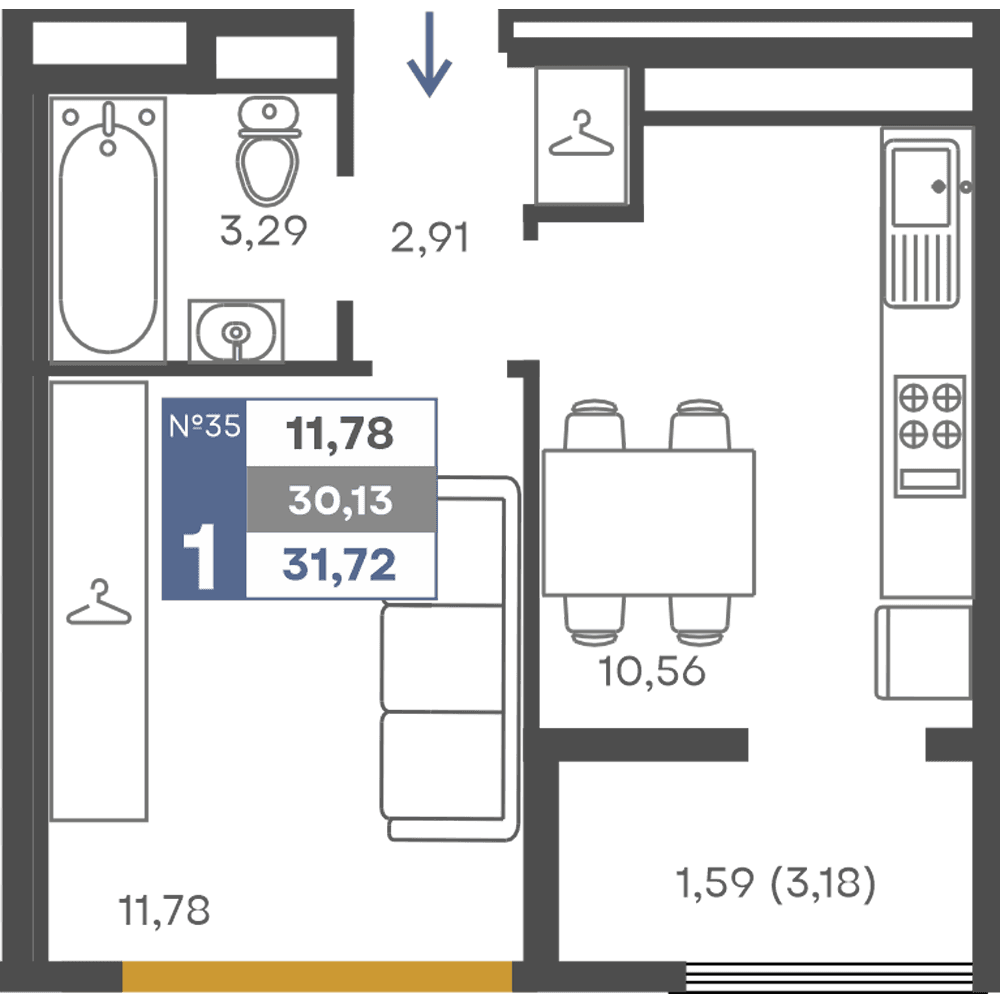 1-к, 30.13 м² · Сфера