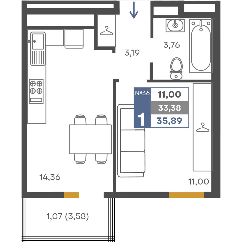 1-к, 33.38 м² · Сфера