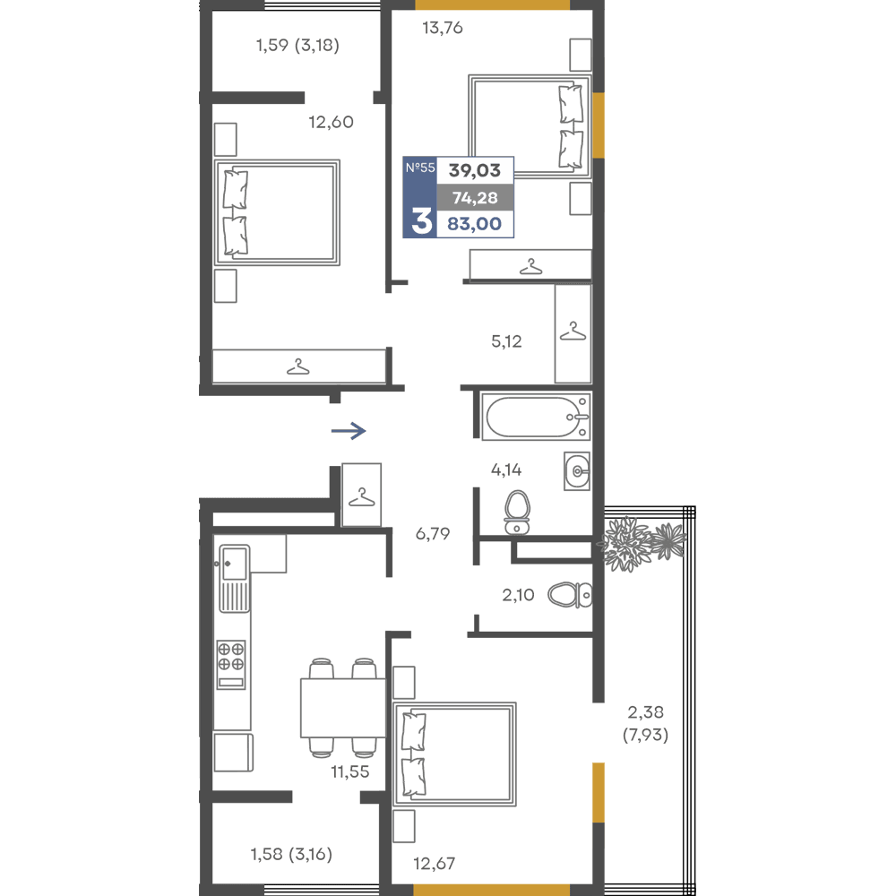 3-к, 74.28 м² · Сфера