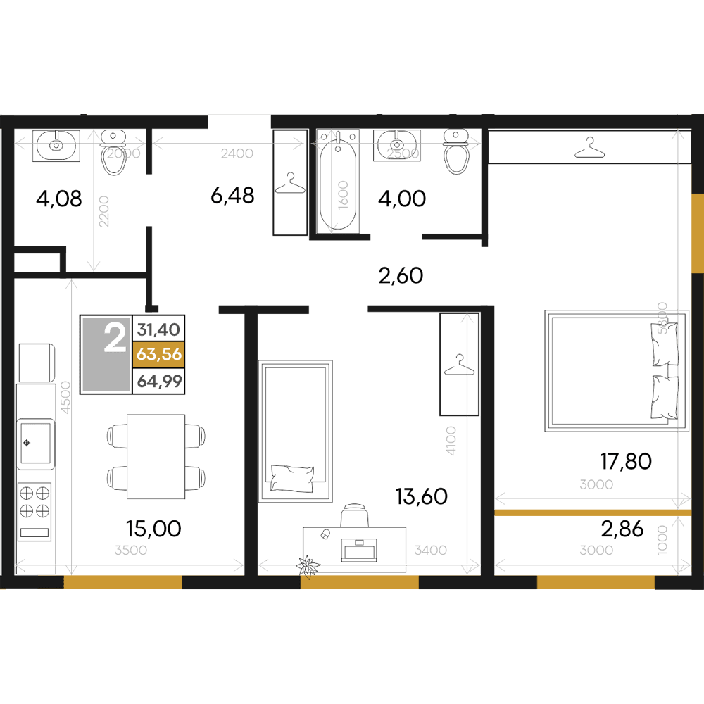 2-к, 64.99 м² · Алькор