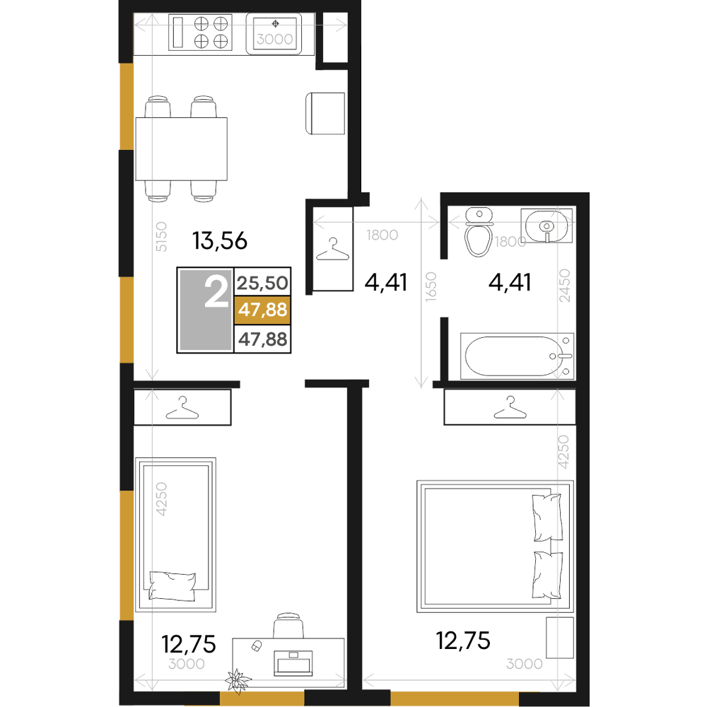 2-к, 47.88 м² · Алькор