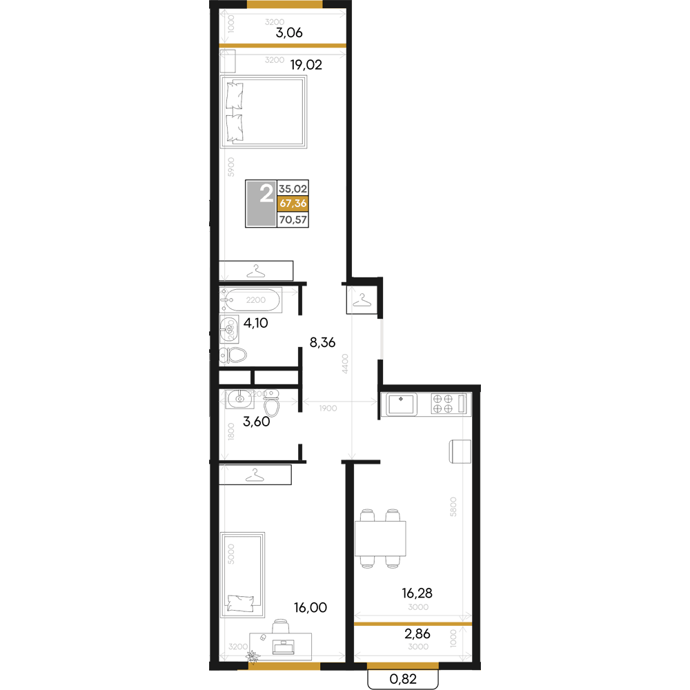 2-к, 70.57 м² · Алькор