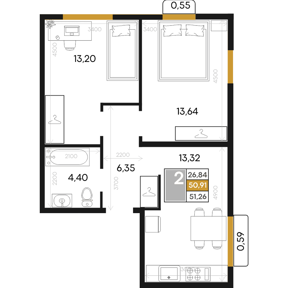 2-к, 51.26 м² · Алькор