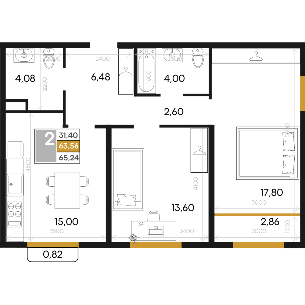 2-к, 65.24 м² · Алькор